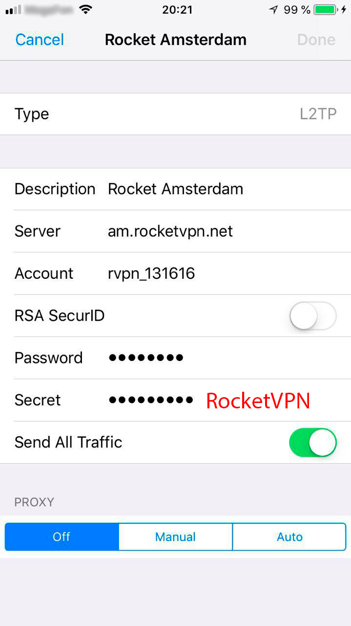 Настройка Rocket VPN для iPhone, iOS