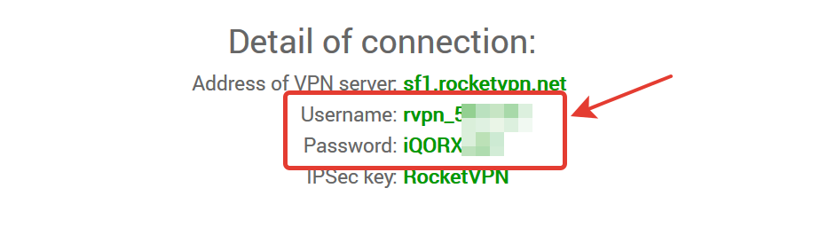 Login and password details for RocketVPN