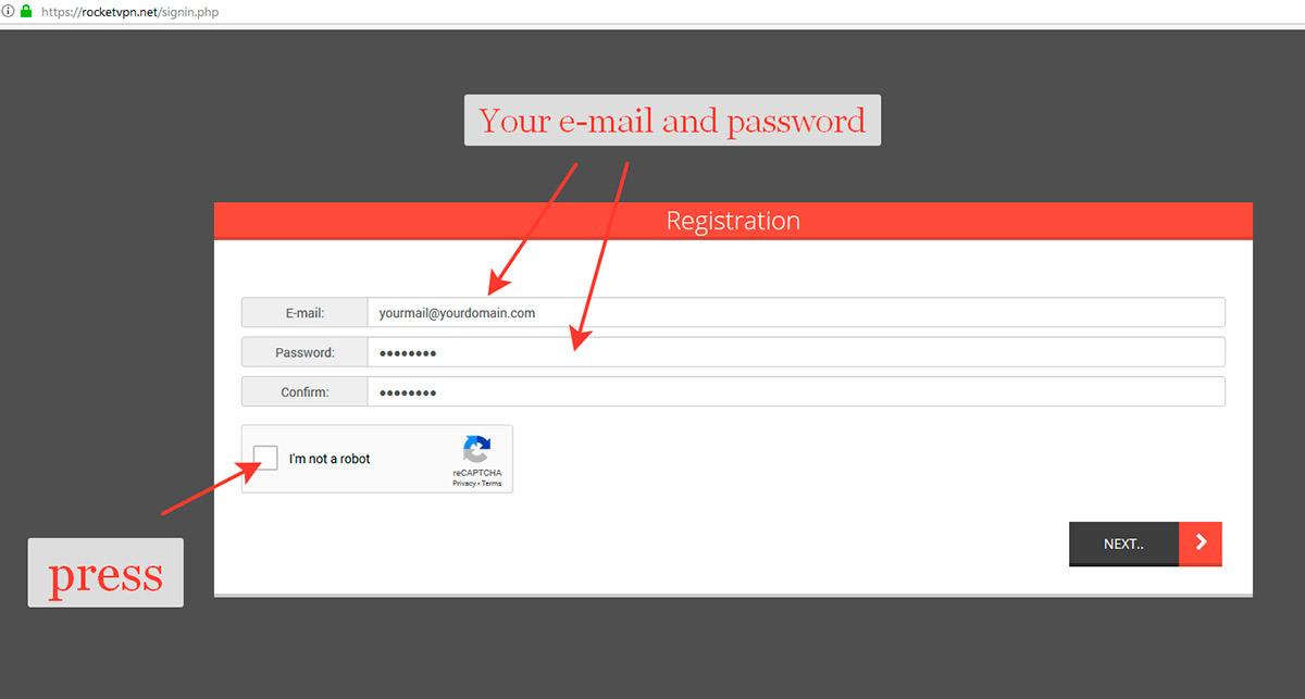 Registration on RocketVPN