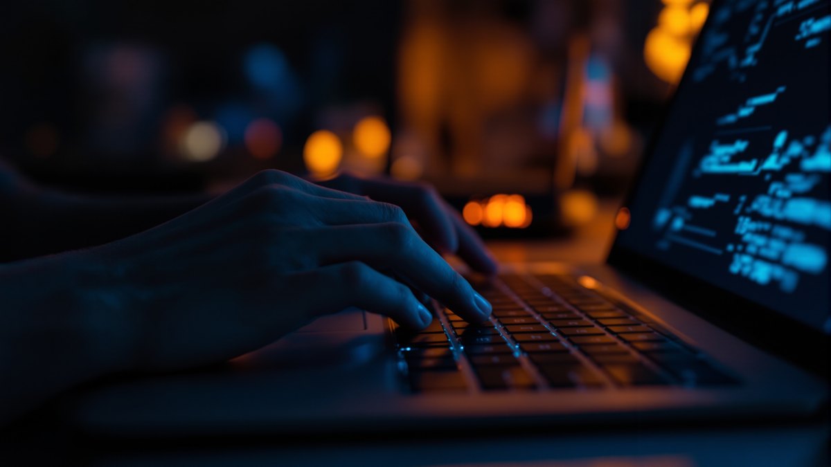 Ноутбук и Wi-Fi роутер на столе вечером при свете настольной лампы — домашняя настройка VPN-подключения