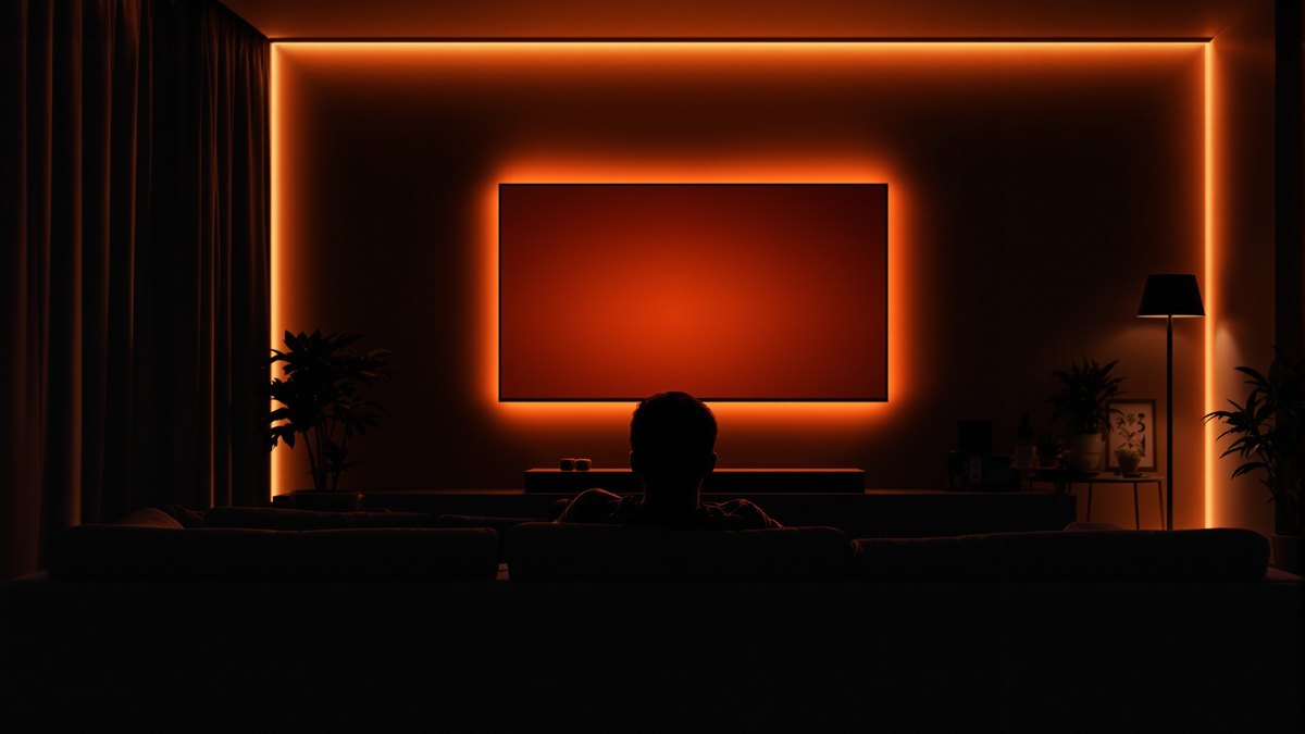Smart-TV im Wohnzimmer zeigt eine russischsprachige Sportübertragung, die über einen VPN-Router empfangen wird