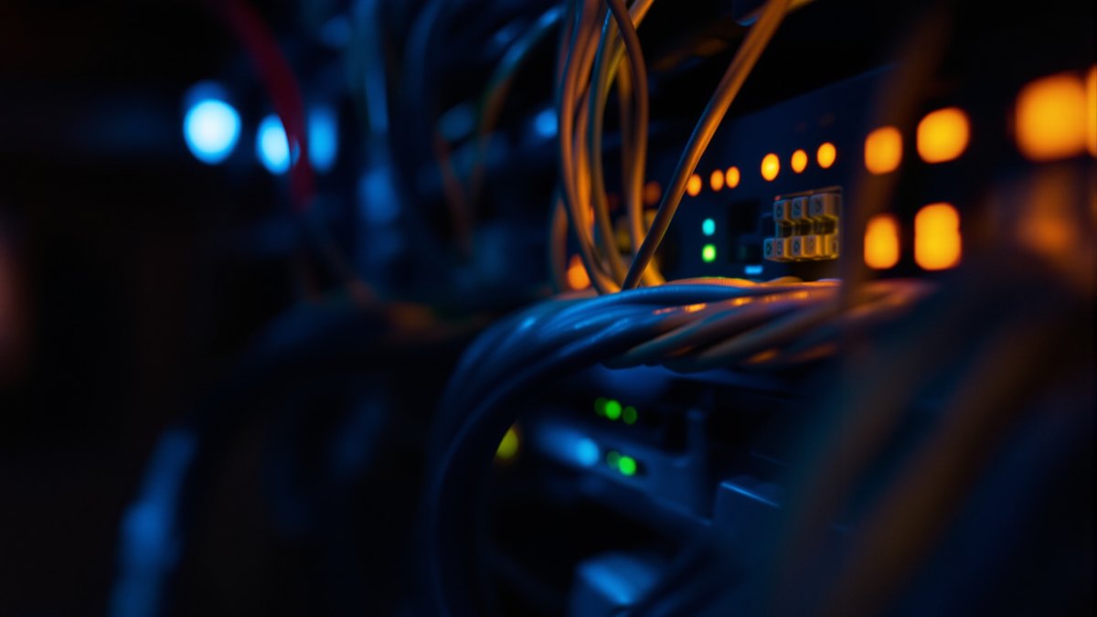 Server rack cables and indicator lights in a dark data center