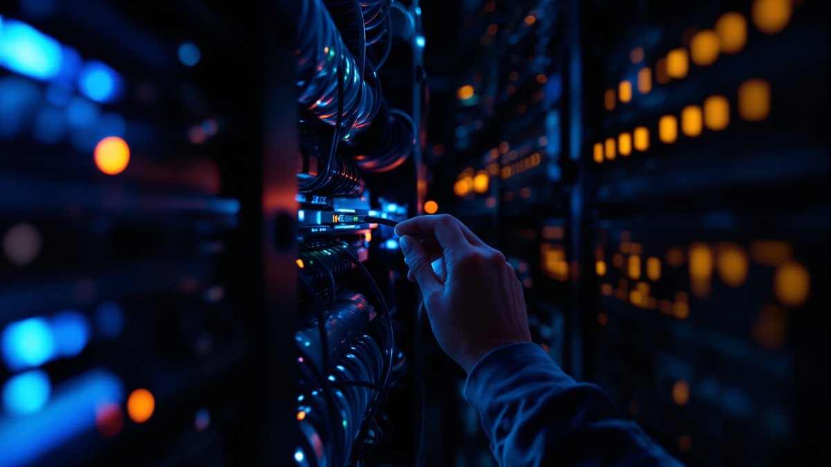Серверная стойка с сетевым оборудованием и разноцветными индикаторами подключения в затемнённом помещении