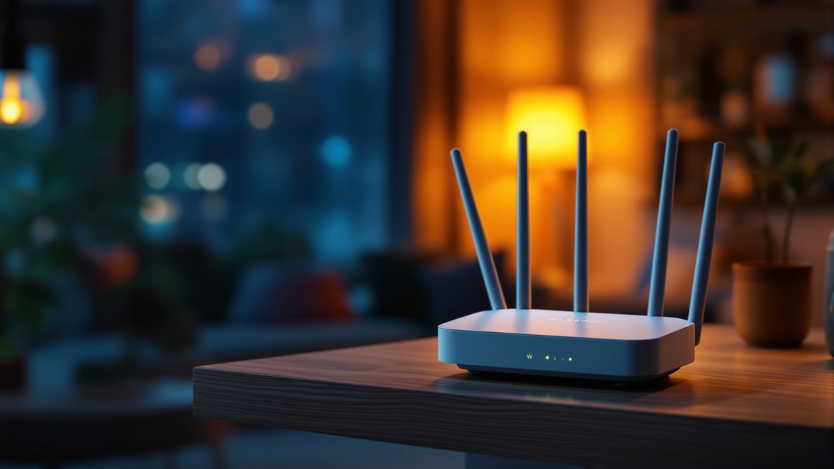 FritzBox-Router steht abends auf einem Regal im Wohnzimmer, im Hintergrund warmes Lampenlicht