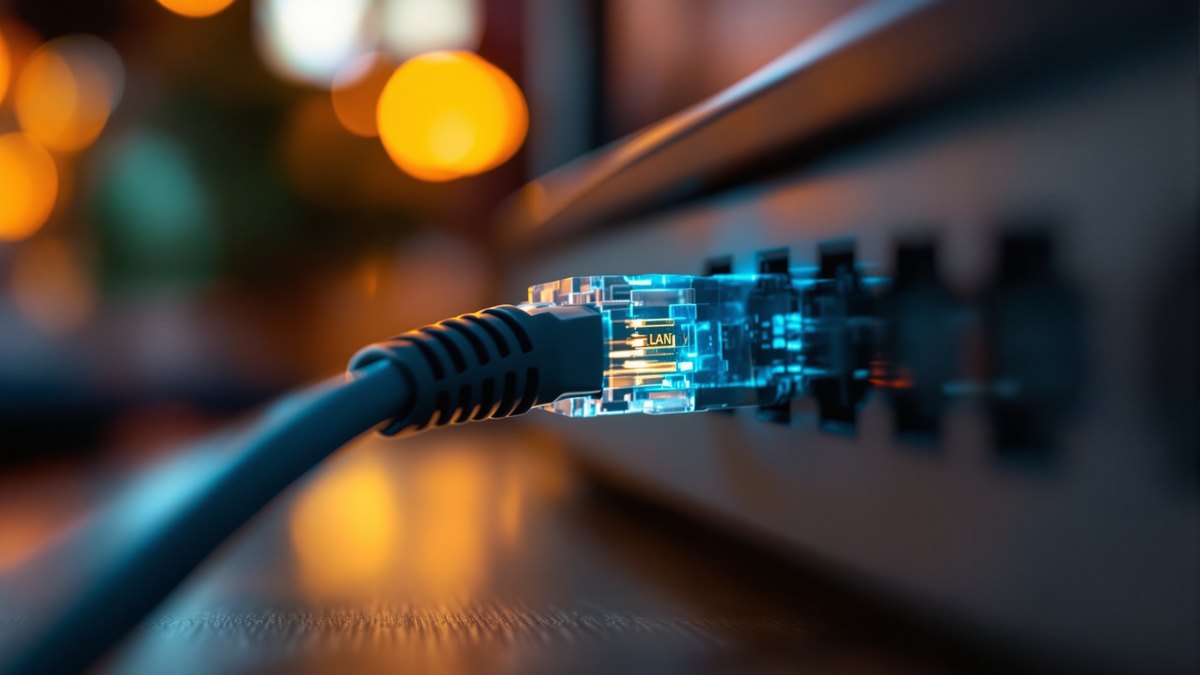 FritzBox-Router steht abends auf einem Regal im Wohnzimmer, im Hintergrund warmes Lampenlicht