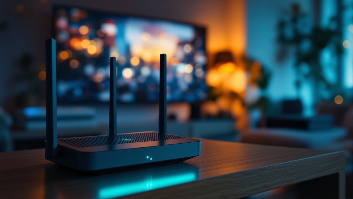 Wi-Fi роутер на полке в гостиной рядом с телевизором и игровой приставкой