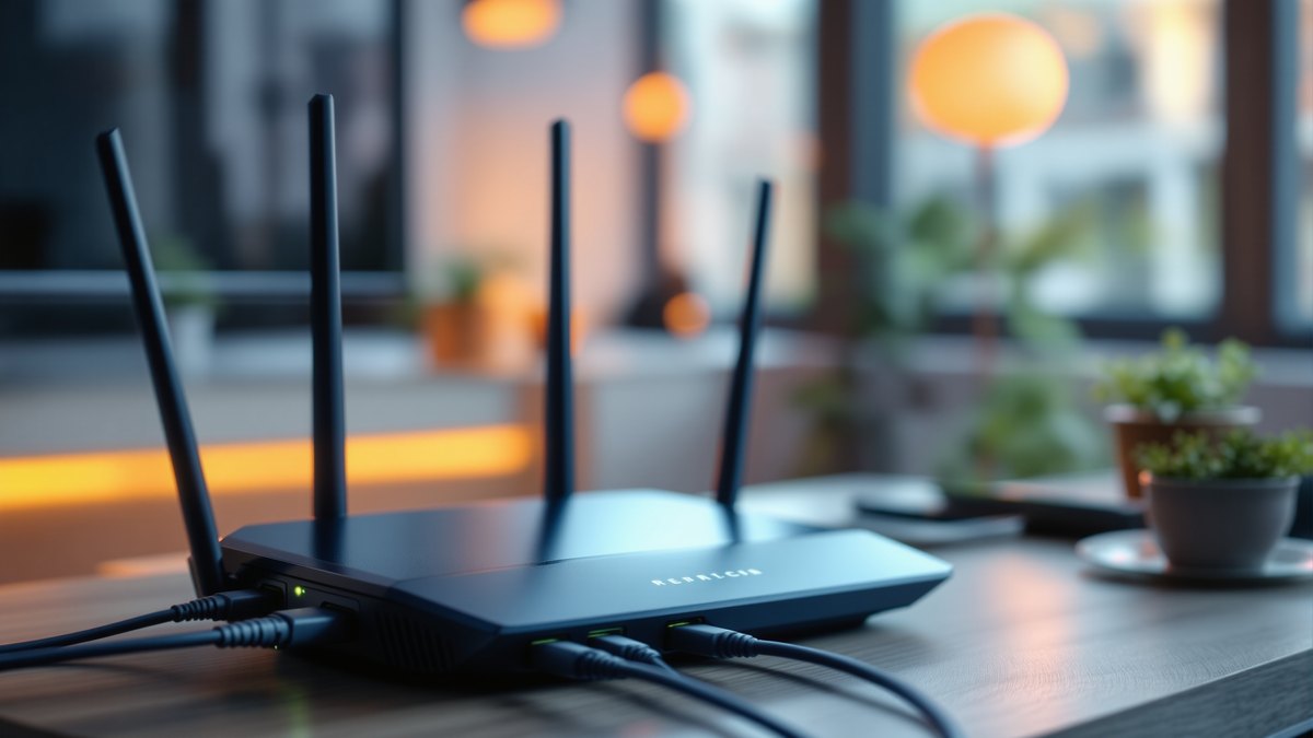 Wi-Fi роутер на полке в гостиной рядом с телевизором и игровой приставкой